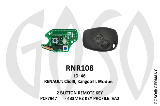 Remote Key for Renault Zedfull ID46  433MHz ASK PCF7947 2T VA2 RNR147 ZR106