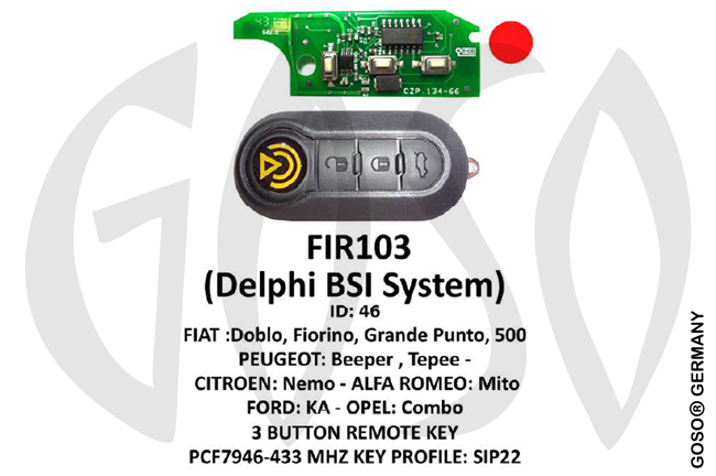 IEA-Zedfull Remote Key for Fiat IEA-Zedfull  ID46  PCF7946 433MHz  3T SIP22 FIR103E ZR37