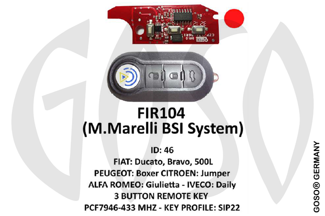 IEA- Zedfull Remote Key for Fiat Citroen Alfa Marelli 433MHz ID46 PCF7946 3B SIP22 FIR104 ZR38
