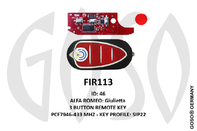 IEA-Zedfull  Remote Key for ALFA ROMEO ID46 PCF7946 Marelli 433MHz 3T SIP22 FIR113 ZR43