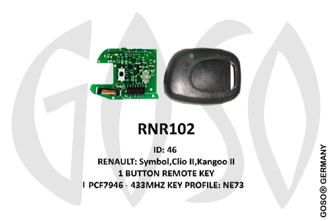 Remote Key for Renault Zedfull PCF7946 433MHz ID46 1T NE73 RNR102 ZR82