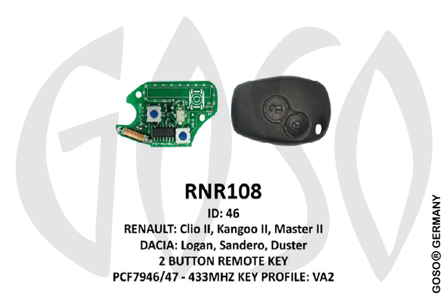 Remote Key for Renault IEA-Zedfull  433MHz ID46 PCF7946 2T VA2 RNR108 ZR85