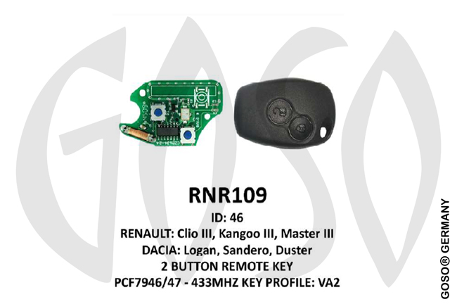 Remote Key for Renault IEA-Zedfull ID46 433MHz PCF7947 2T VA2 RNR109 ZR86