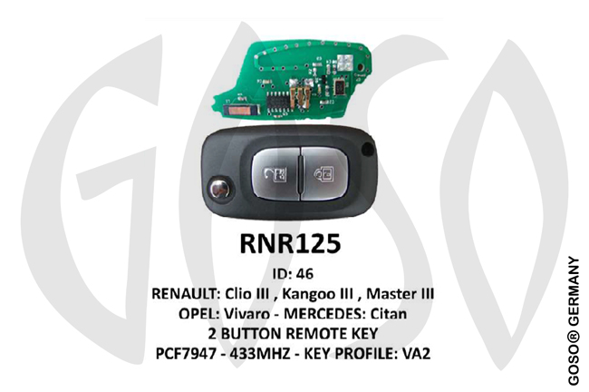 Remote Key for Renault Zedfull ID46 PCF7947 433MHz  2T VA2 RNR125 ZR91