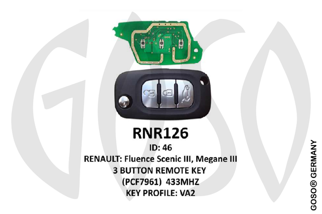 Remote Key for Renault Zedfull ID46  433MHz PCF7961 3T VA2 RNR126 ZR92